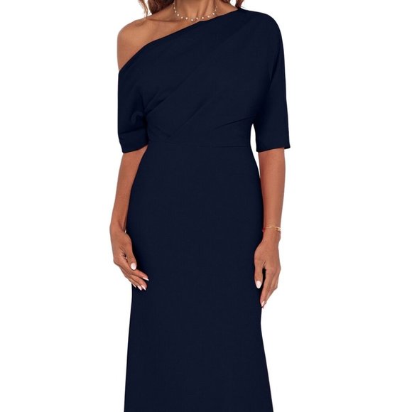 Betsy & Adam Navy Blue One-Shoulder Crepe Scuba Trumpet Gown - Picture 1 of 4